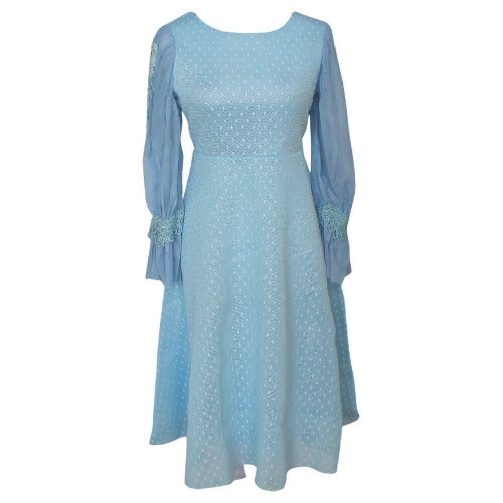 Boutique Light Blue Beaded Swiss Dot Long Sleeve Modest Midi Dress M